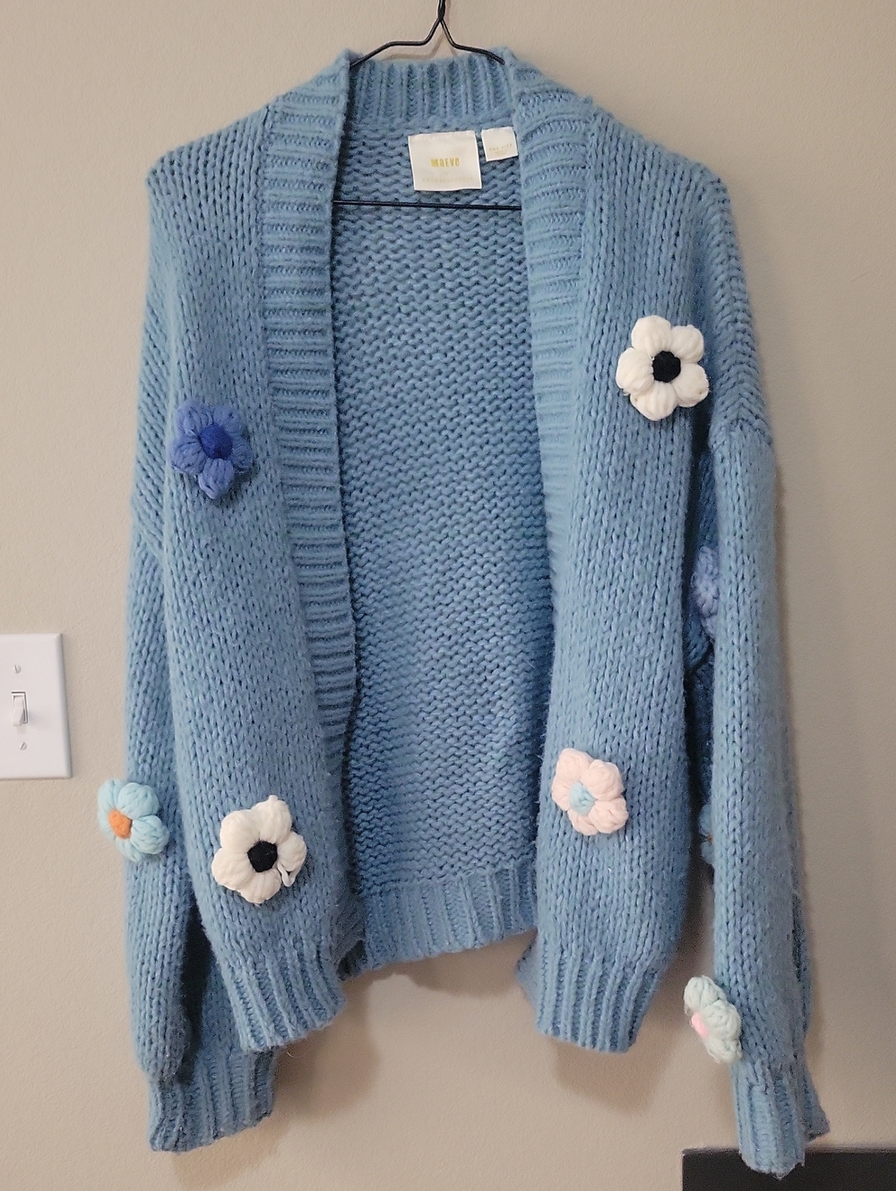 Anthropologie Light Blue Chunky Knit Floral-Appliqué Cardigan